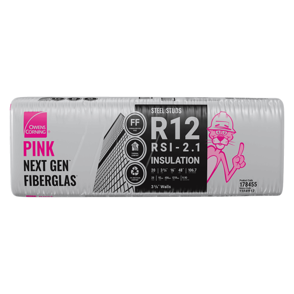 OWENS CORNING R-12 2X4 STEEL STUD 16 INCH EcoTouch PINK FIBERGLAS Insulation 16-inch x 48-inch x 3 5/8-inch (106.7 sq.ft.)